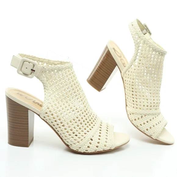 Sam Edelman Evie Basket Weave Heeled Leather Sandals Women 7 Off White/Brown - Picture 1 of 16